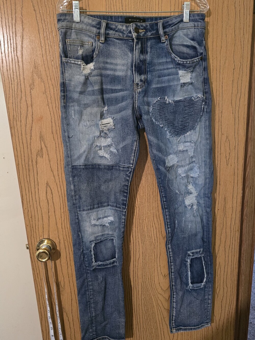 Richie Le Ripped Slim Fit Blue Jeans with Patchwork - Unbranded